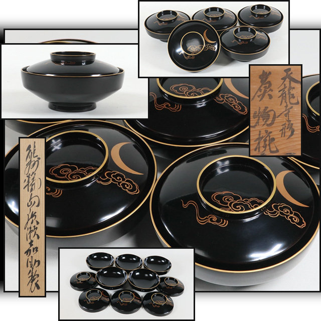 ●西瓜●b3345●極上【能登輪島塗廣瀬嘉助製 蒔絵三日月観世雲 蝋色黒真塗 天龍寺形煮物椀5客 大正】検お茶会煎茶道具茶懐石吸物椀雑煮椀●