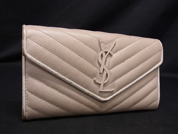 1円 YVESSAINTLAURENT イヴサンローラン レザー キルティング 二つ折り 長財布 ウォレット レディース ピンクベージュ系 AR3802