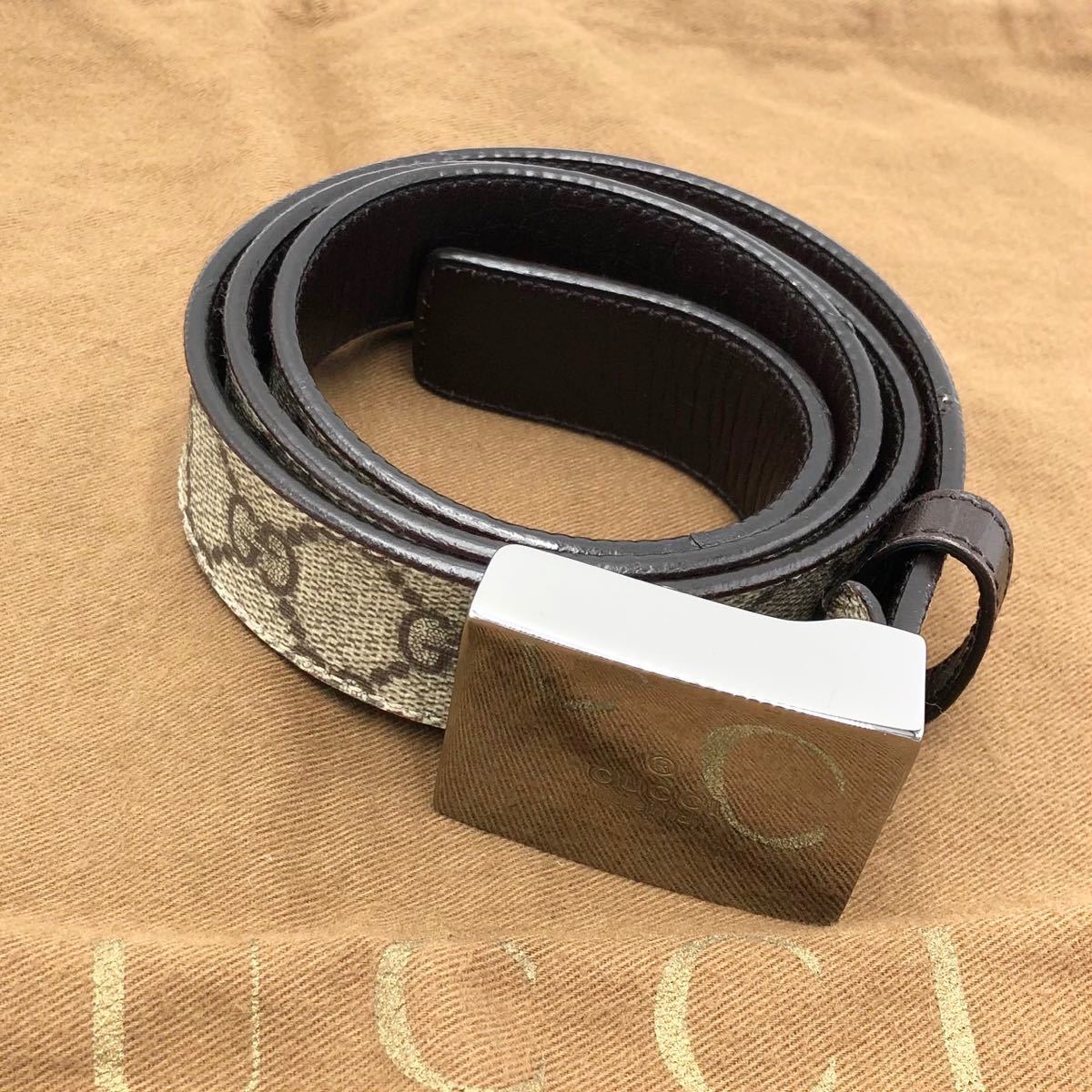 1円【未使用に近い美品】GUCCI グッチ ベルト インターロッキング GGスプリーム PVC レザー 本革 ブラウン シルバー 銀色 メンズ 