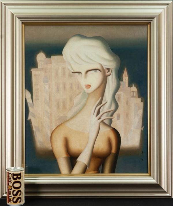 大型油絵 人物　額付き　東郷青児　【　人物　】手描き　80×40cm ○東郷青児○油絵 手描き《婦人像》表サイン 共シール F8号 額装 模写
