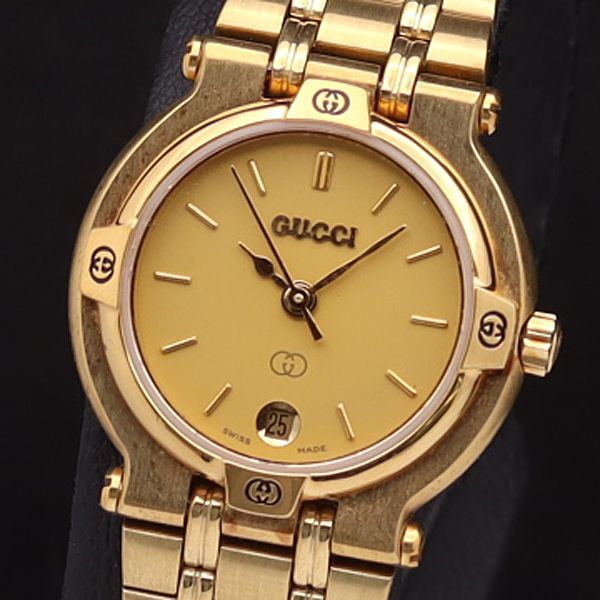 1円 稼働 良品 グッチ QZ 9200L デイト ラウンド ゴールド文字盤 レディース腕時計 NBY 3345000YSD