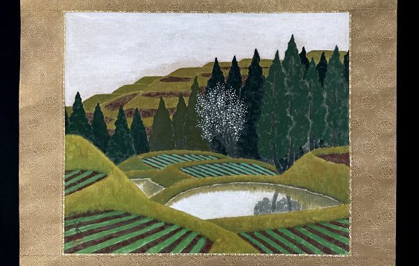 真作］谷口正春 作「早春」絹本 山水図 風景画 棚田 日本画 絵画 日本 