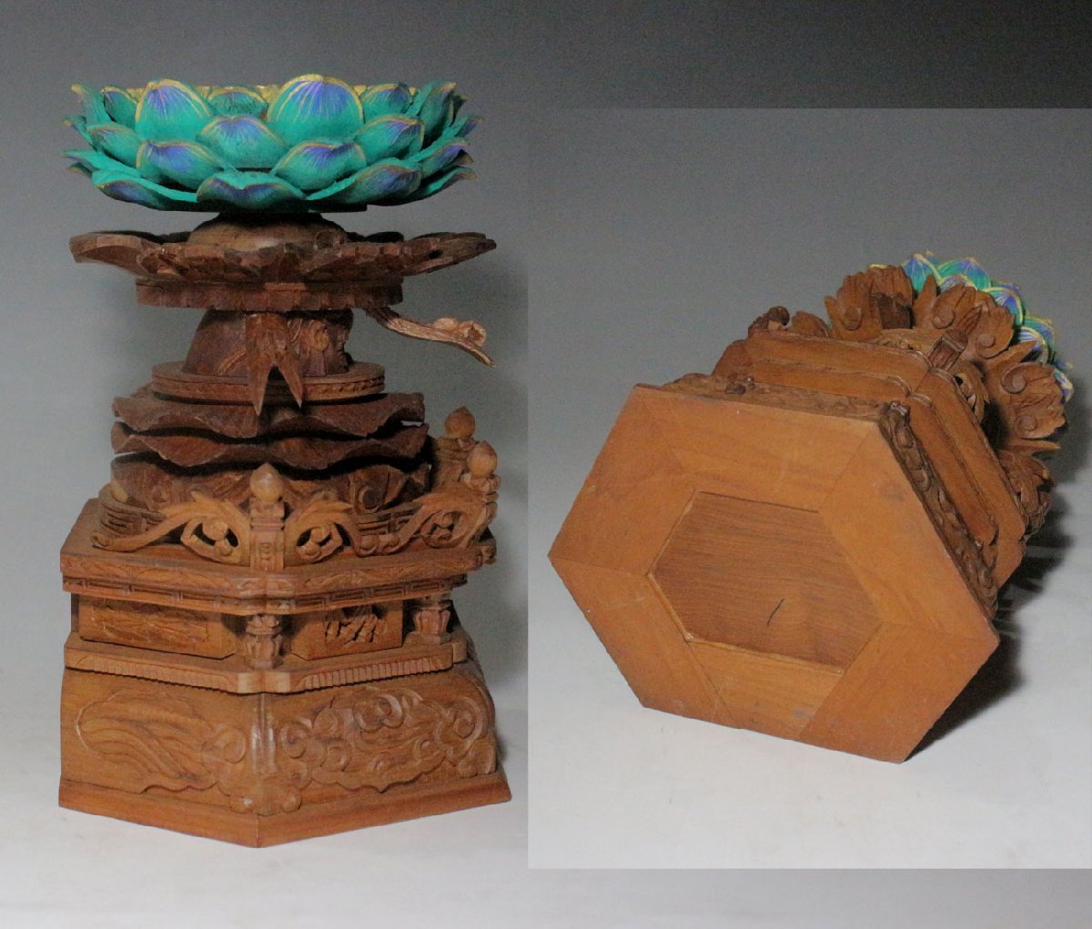 時代市場□古様木造細密彫 六角華鬘座吹蓮華極彩色□仏像・仏教美術