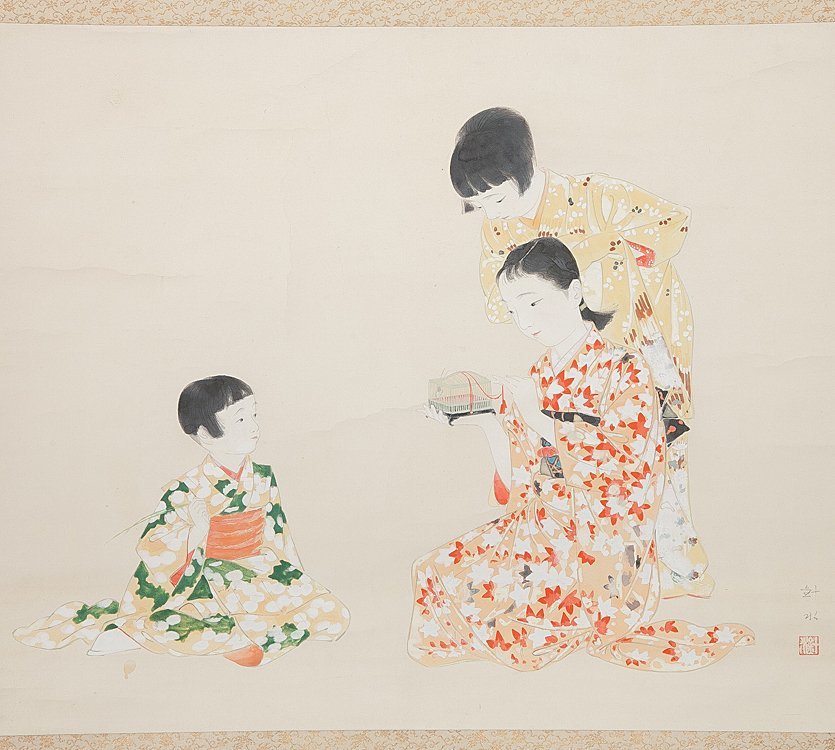 美品 掛け軸 田中静水作 古都彩秋図 共箱 紅葉 秋掛け 美品 掛け軸