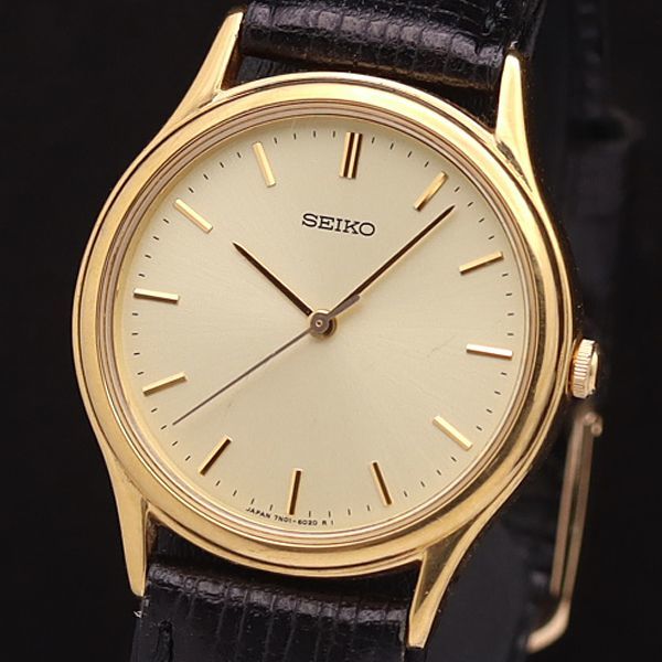 1円 稼働 良品 セイコー QZ 7N01-6020 ラウンド ゴールド文字盤 メンズ腕時計 NBY 3345000YSD