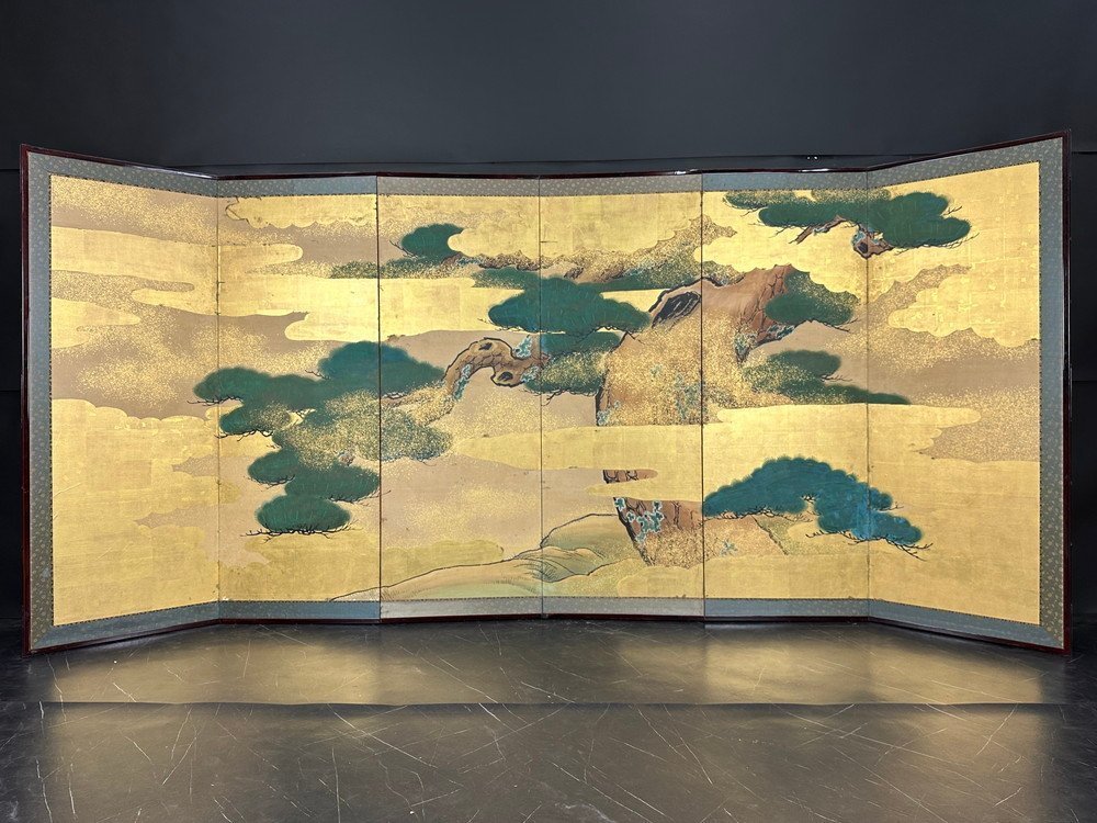 屏風屋】208 黒田東保 筆 山水図 屏風 高さ 約175cm 六曲半双 落款有