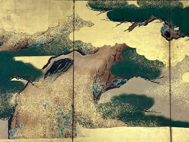 屏風屋】208 黒田東保 筆 山水図 屏風 高さ 約175cm 六曲半双 落款有