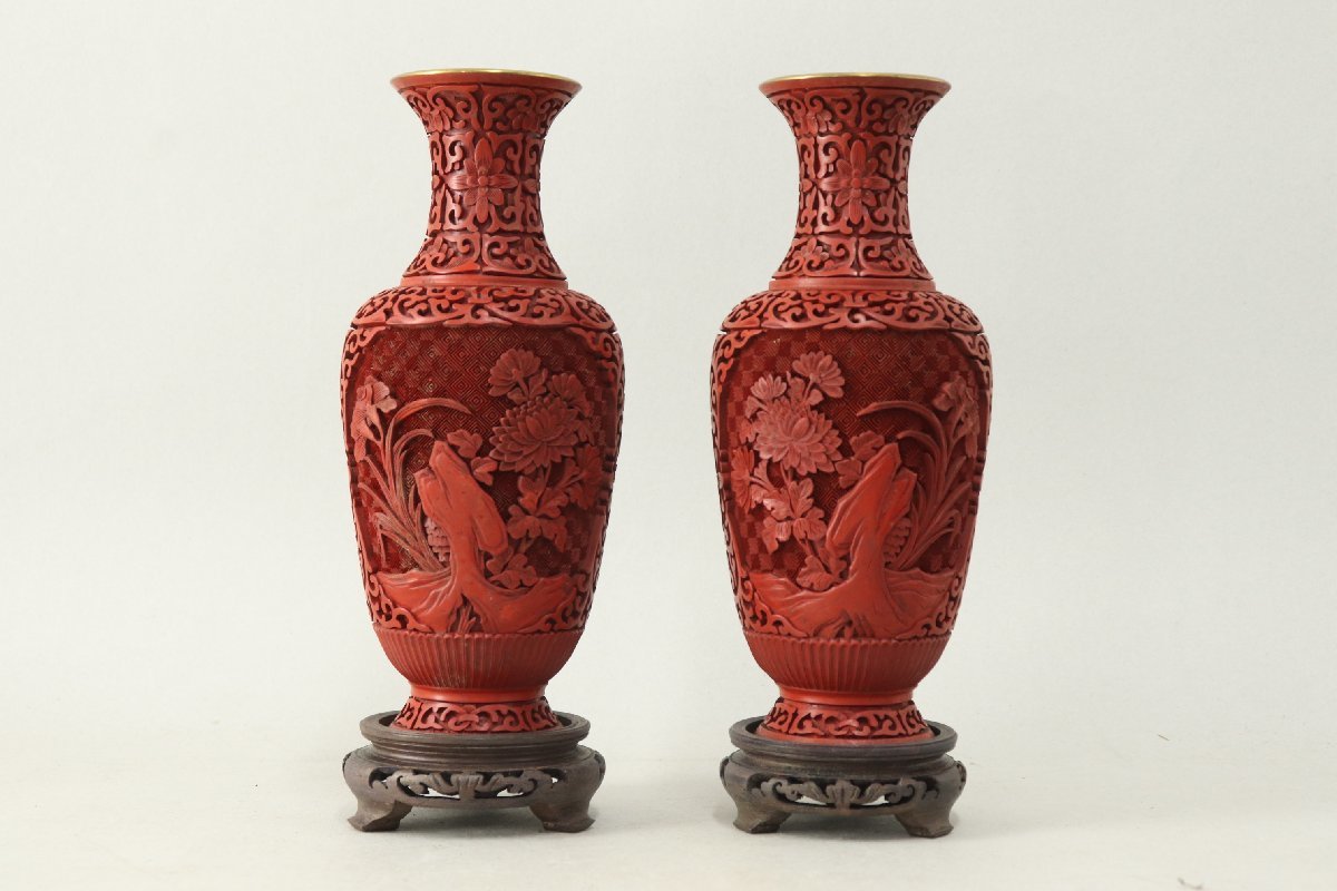 中国美術 堆朱 花瓶 一対 君子牡丹図 高さ23cm 七宝 銅器 大華国貨