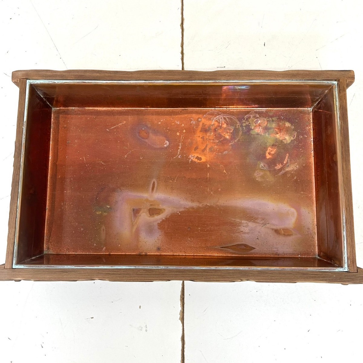 レア！！！！！ビンテージ 水盤（木枠、銅板）木製花器、水盤 木枠