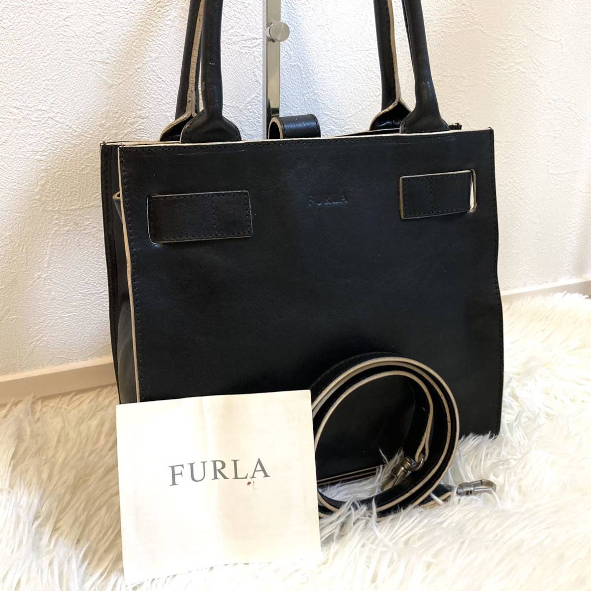 1円 【美品】 FURLA フルラ ハンドバッグ ショルダー 2way ブラック レザー ベルト金具 ロゴ型押し シルバー金具 レディース 本革 黒