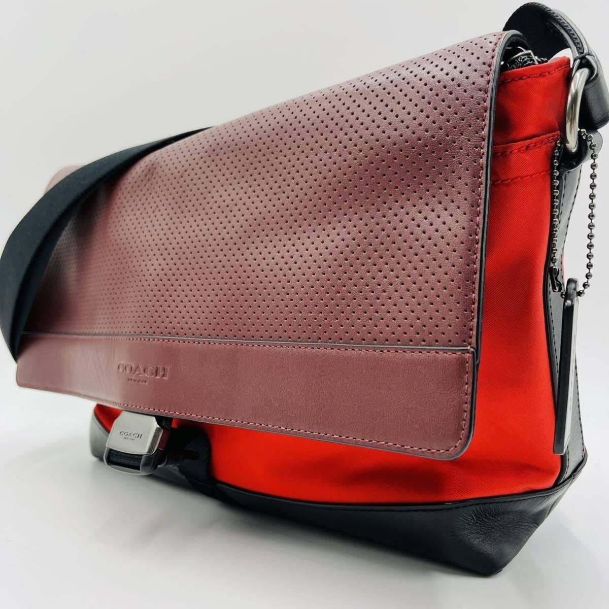 1円 【美品】COACH コーチ メッセンジャーバッグ ショルダー 斜め掛け ビジネス レザー メンズ ドッグタグ ブラック 黒 ボルドー レッド