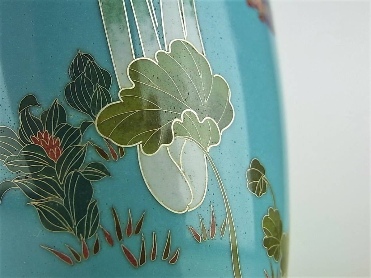 明治時代 尾張七宝 銀線植線 野鳥蓮図銀線七宝花瓶 美術館級の逸品  