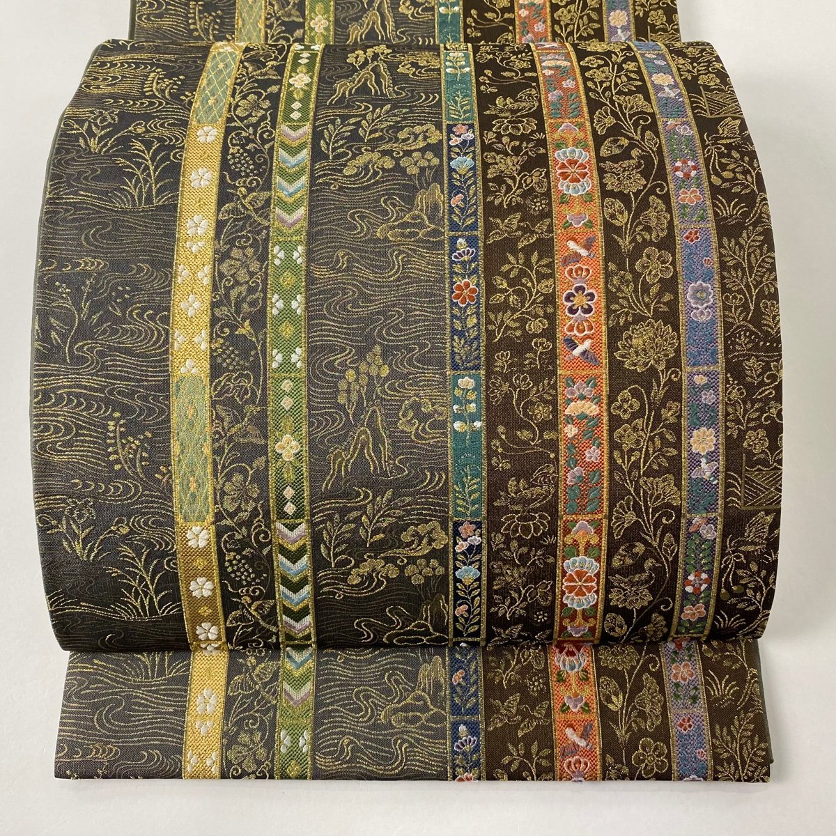 袋帯 美品 秀品 縞 花鳥 金糸 箔 茶色 六通 正絹 【中古】 | RAGNA.BY