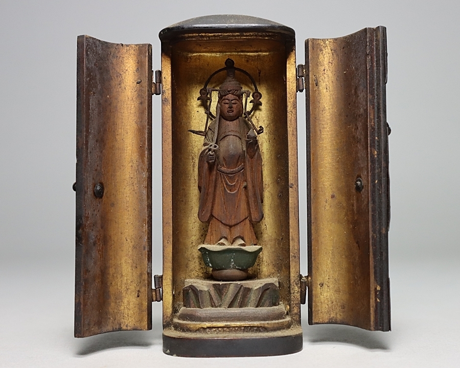 都涼音】仏教美術 時代木造 大辯財天像 豆仏 仏像 厨子入り 希少