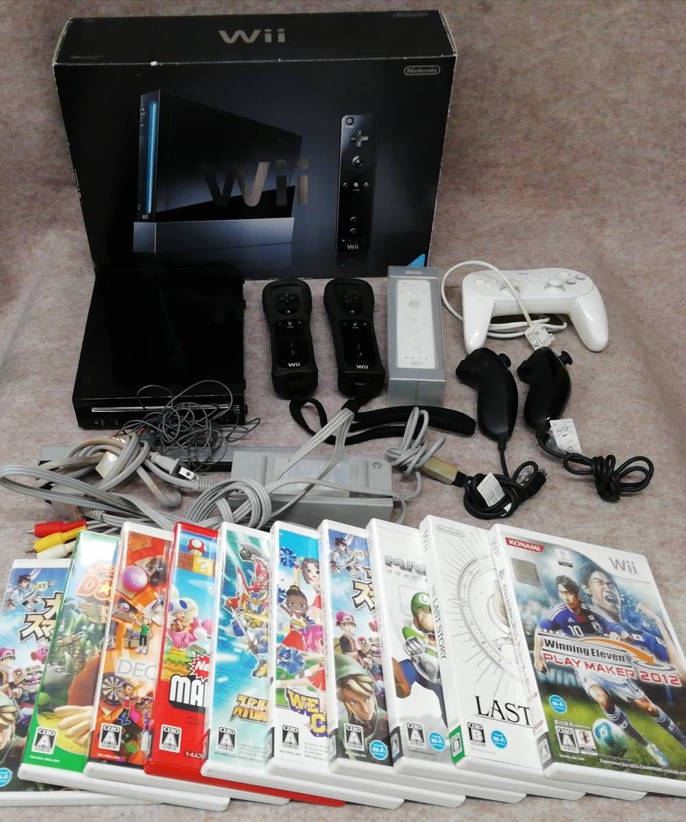 Wii　Nintendo　任天堂　本体　RVL-001(JPN)　ブラック　コントローラ×4　ヌンチャク×2　各種ケーブル　ソフト9本付　27-93
