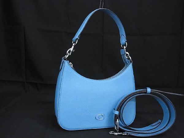 1円 ■美品■ COACH コーチ CJ842 レザー 2WAY ハンドバッグ ショルダーバッグ クロスボディ 斜め掛け レディース ライトブルー系 AQ6909