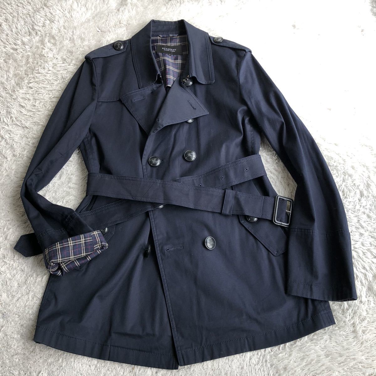 【美品】 バーバリー ブラックレーベル トレンチコート チェック柄 ネイビー Lサイズ