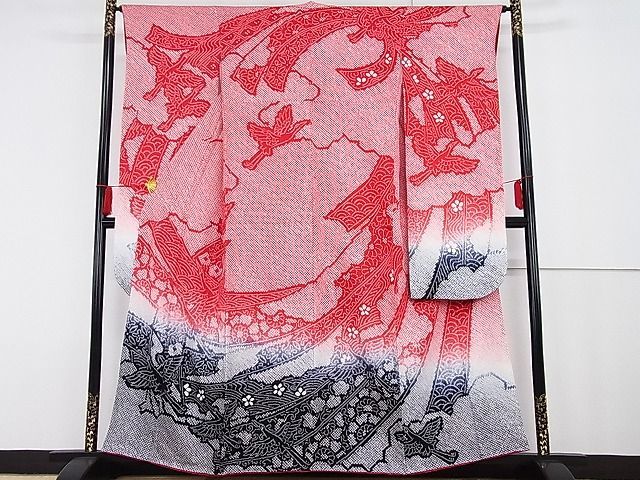 平和屋-こころ店■豪華振袖　総絞り　飛鶴花文　着丈158cm　裄丈64.5cm　正絹　逸品　A-ck5698