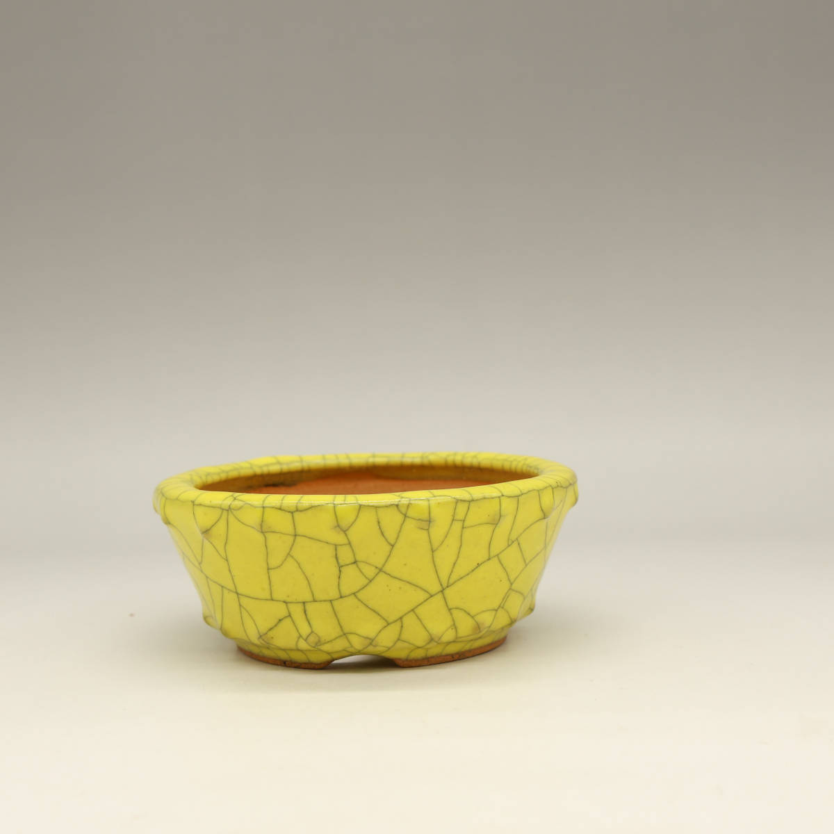 814.暁雲 黄貫入釉長方 盆栽鉢 植木鉢 10.1*7.9*5cm 未使用品】暁雲 作 丸形 小品盆栽鉢 黄釉