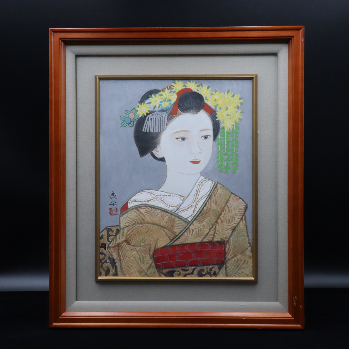 真作保証三輪良平「舞妓」日本画12号 直筆サイン 共シール有り 美人