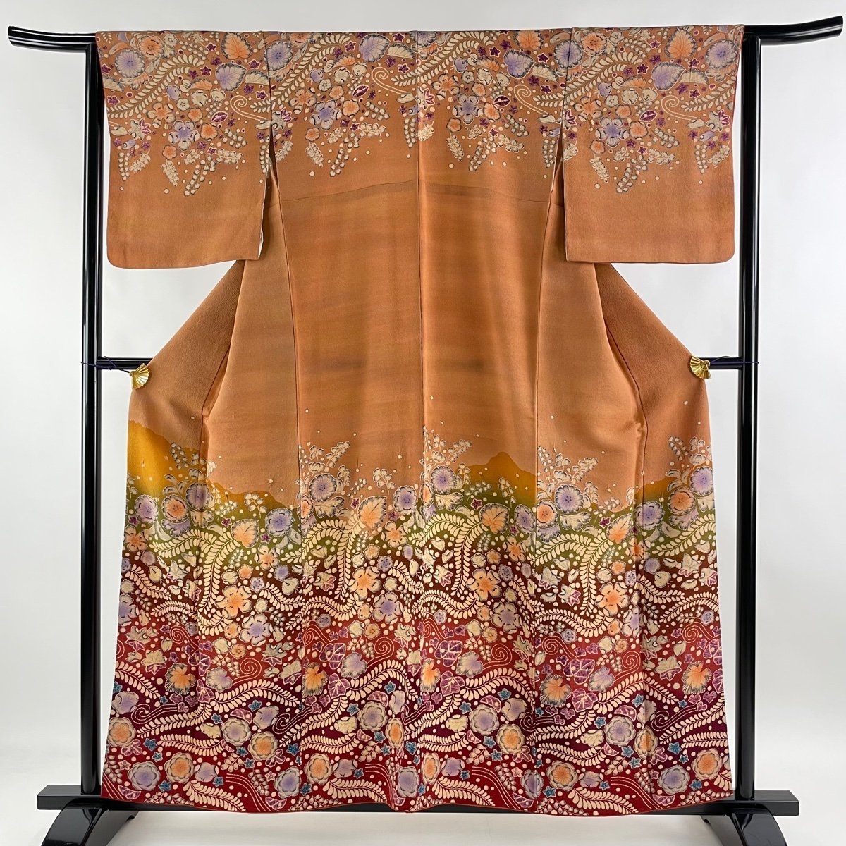 訪問着 身丈157cm 裄丈64cm M 袷 草花 染め分け 薄オレンジ 正絹 美品
