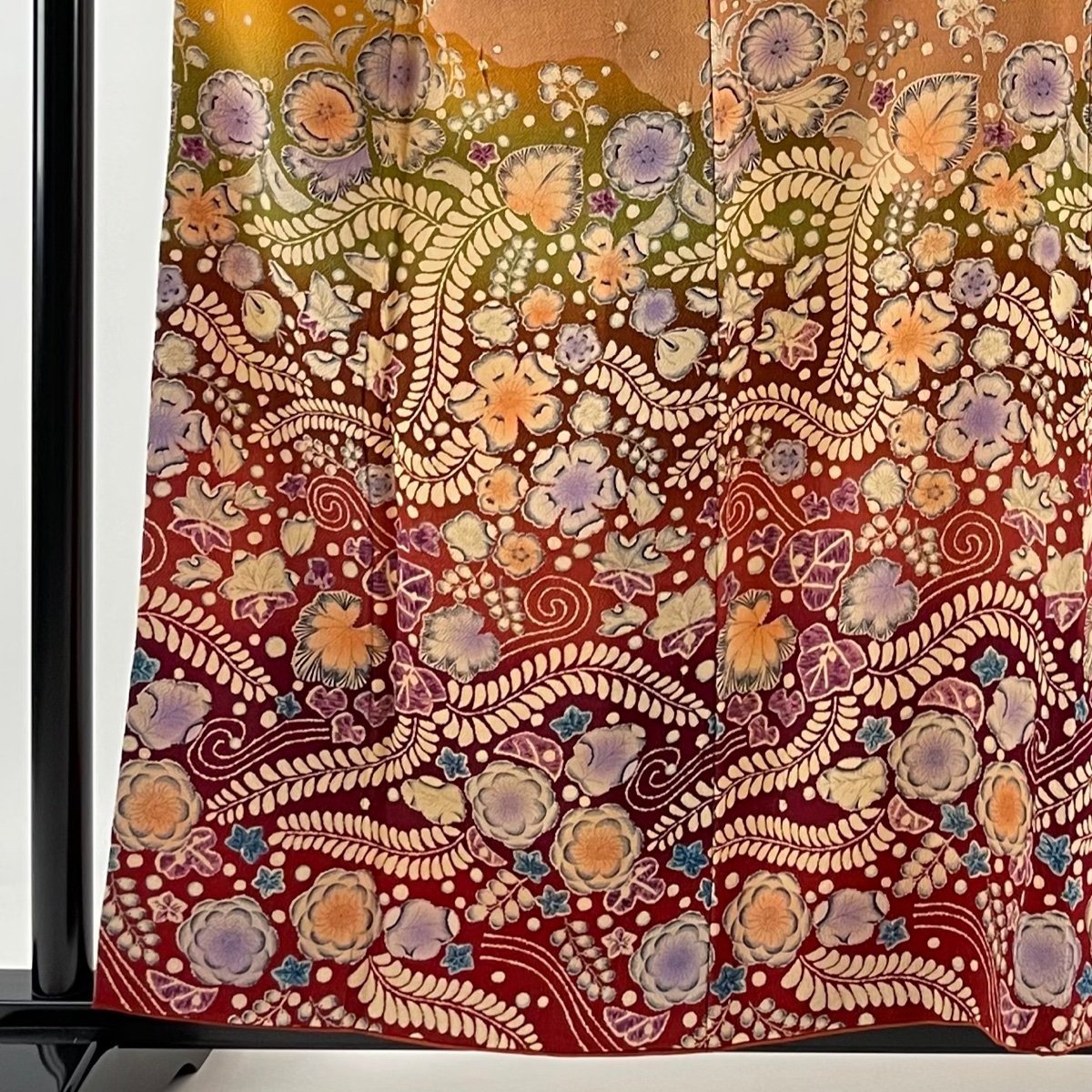 訪問着 身丈157cm 裄丈64cm M 袷 草花 染め分け 薄オレンジ 正絹 美品