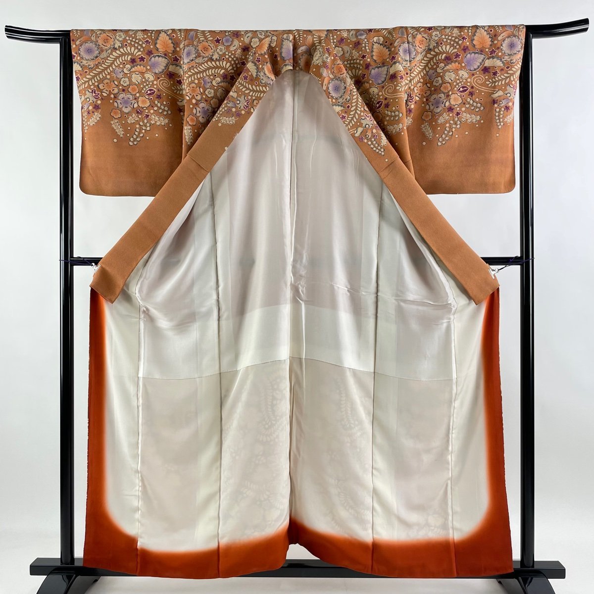 訪問着 身丈157cm 裄丈64cm M 袷 草花 染め分け 薄オレンジ 正絹 美品
