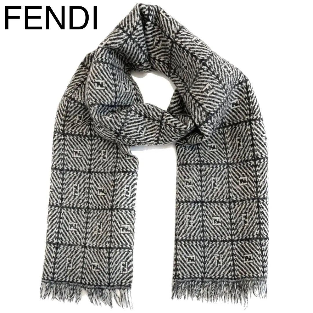 正規品 FENDI フリンジFFズッカ柄ウールマフラー グレー フェンディ