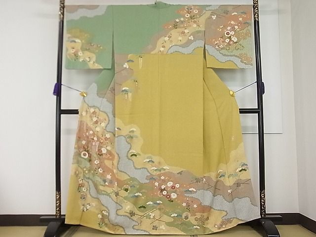 平和屋1 極上 訪問着 作家物 駒刺繍 御所車吉祥草花文 金彩 逸品