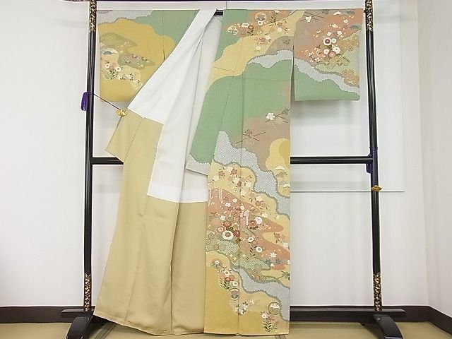 平和屋1 極上 訪問着 作家物 駒刺繍 御所車吉祥草花文 金彩 逸品