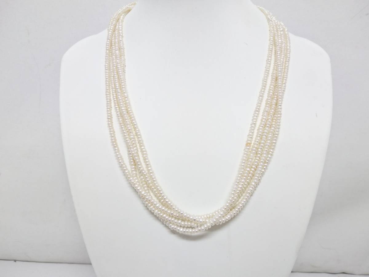 【美品】シルバー留具 変形本真珠 5連ネックレス/パール約3×1.5mm/バロックパール/全長約51cm/プリンセスレングス/フォーマル/04YZ110102