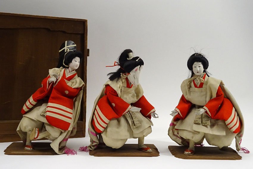 緑屋f□ 時代物 三人丁仕 雛人形 狐面 木箱 ひな人形 日本人形 旧家初