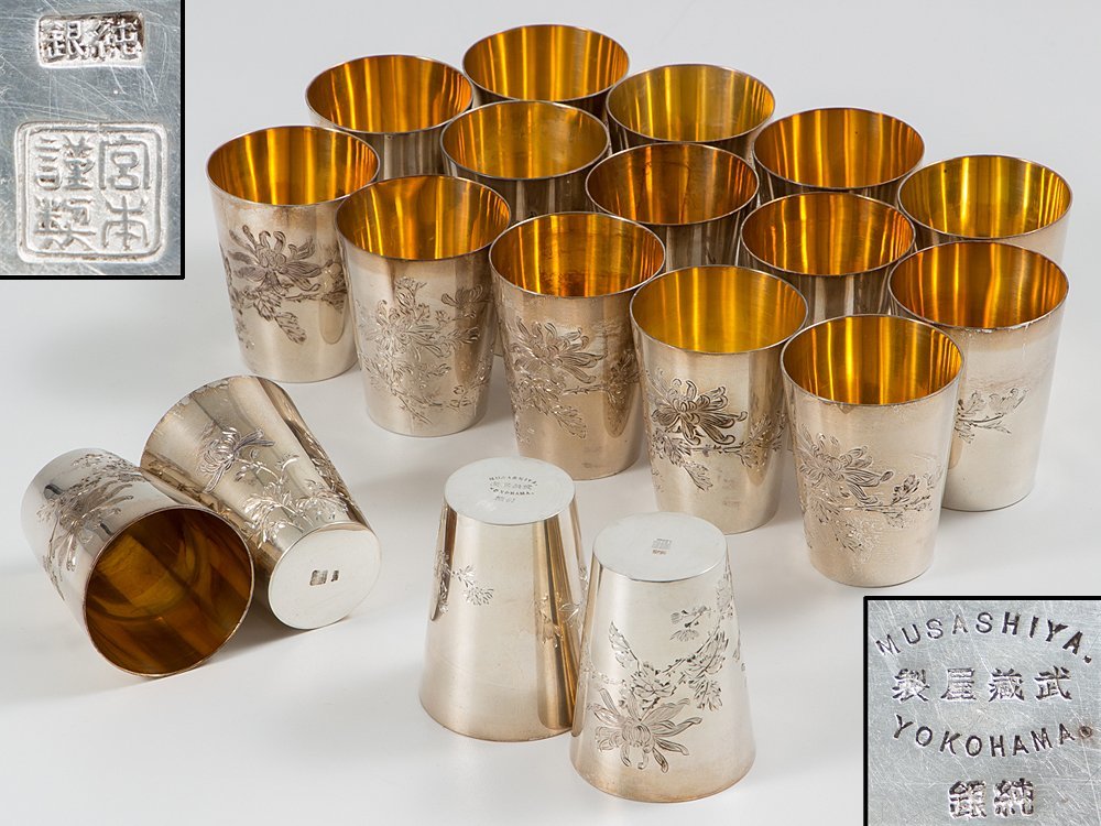 【五】純銀 宮本謹製 武蔵屋製 菊花図リキュールグラス 18客 重1030g