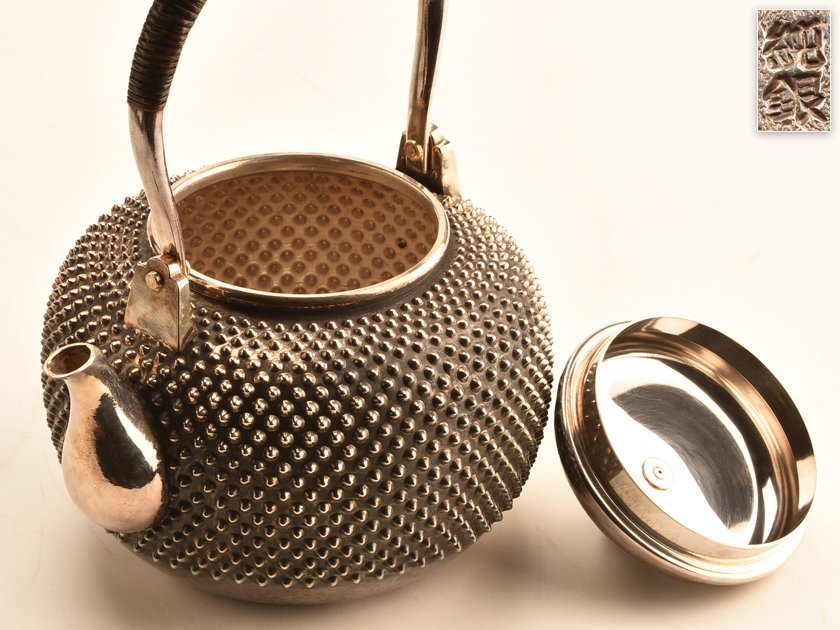 【流】煎茶道具 竹影堂 純銀製大振霰打湯沸 銀瓶 重量1310g 共箱 TP388