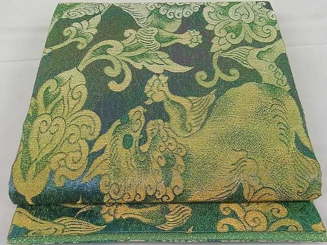 平和屋1■極上　織の宝石　ダイヤモンドカット　佐波理綴　六通太鼓柄袋帯　唐草獅子文様　金糸　逸品　未使用3s20648