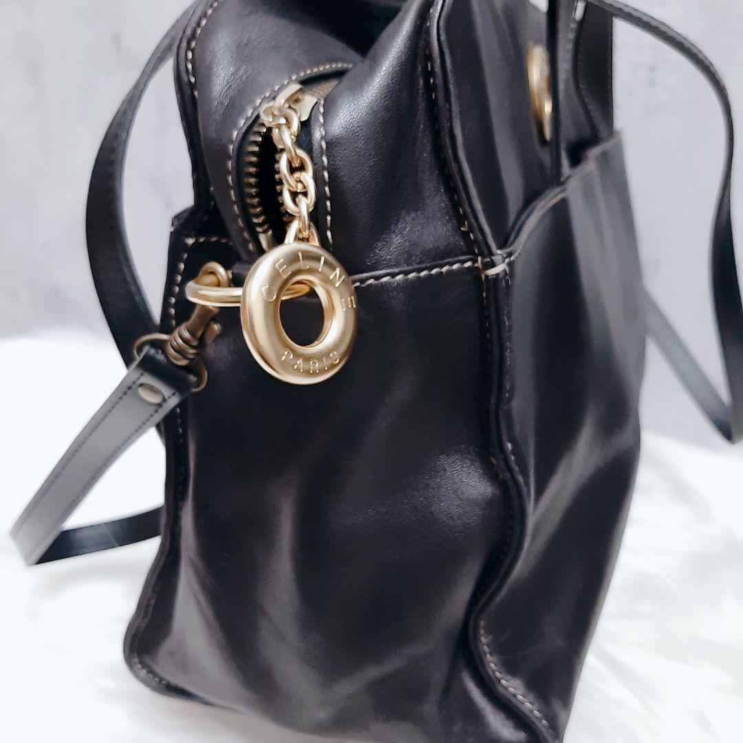 セリーヌ ハンドバッグ 金具 レザー Y2K サークルロゴ ネイビー 自立型 人気急騰・CELINE】セリーヌ サークルロゴ ゴールド金具 2WAY ハンド