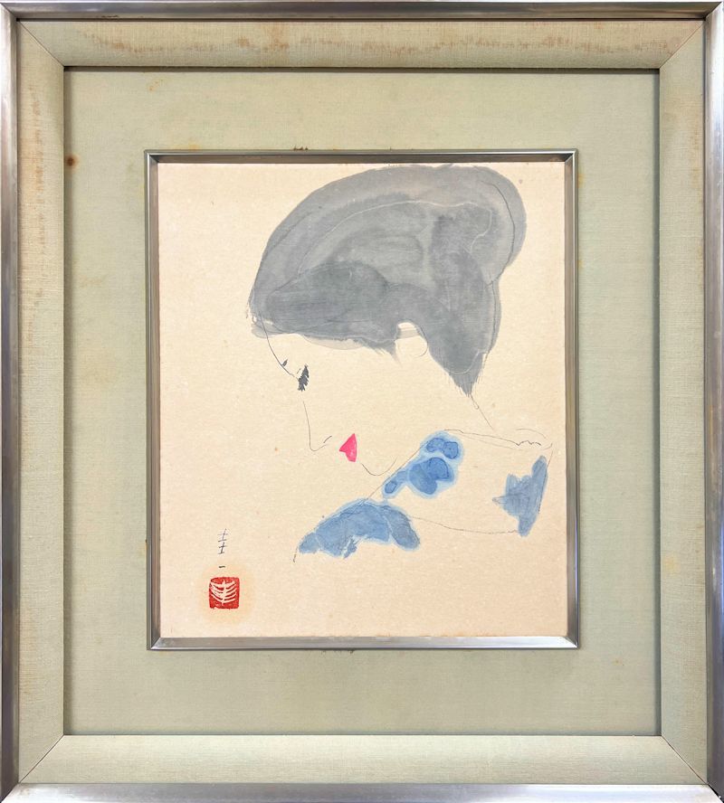 FCP】 真作保証 高沢圭一 水彩画3号色紙 「婦人像」第一回日本