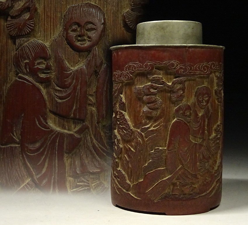 緑屋h□ 中国古玩 古錫 古竹彫 茶入 茶壺 茶壷 唐物 時代物 i9/11-6180