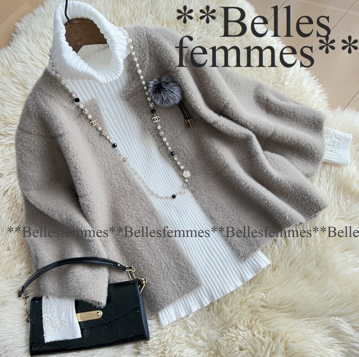 ★Belles*★新品M～L*上品マダム*ファーブローチ付*暖かウール混*ゆったり*ふわふわシャギー*ぽわん袖*ニットカーディガン*119Aモカ*TRUBE