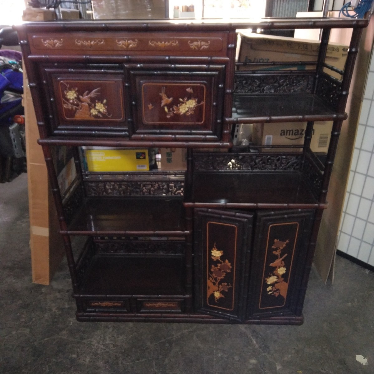 LIG】李朝時代 木造 八角箱 特大42㎝ 帽子入 細密装飾金具 時代古玩 