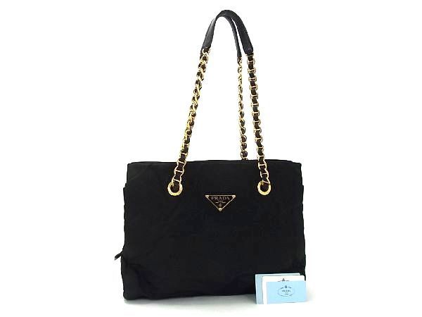 1円 ■美品■ PRADA プラダ テスートナイロン チェーン トートバッグ ショルダー 肩掛け レディース ブラック系 AS4336