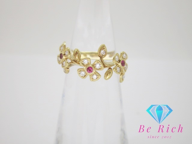 K18 YG ルビー ダイヤモンド 付 花 フラワー モチーフ デザイン リング 指輪 5号 18金 750 メレ 宝石 ジュエリー 【中古】 th9306