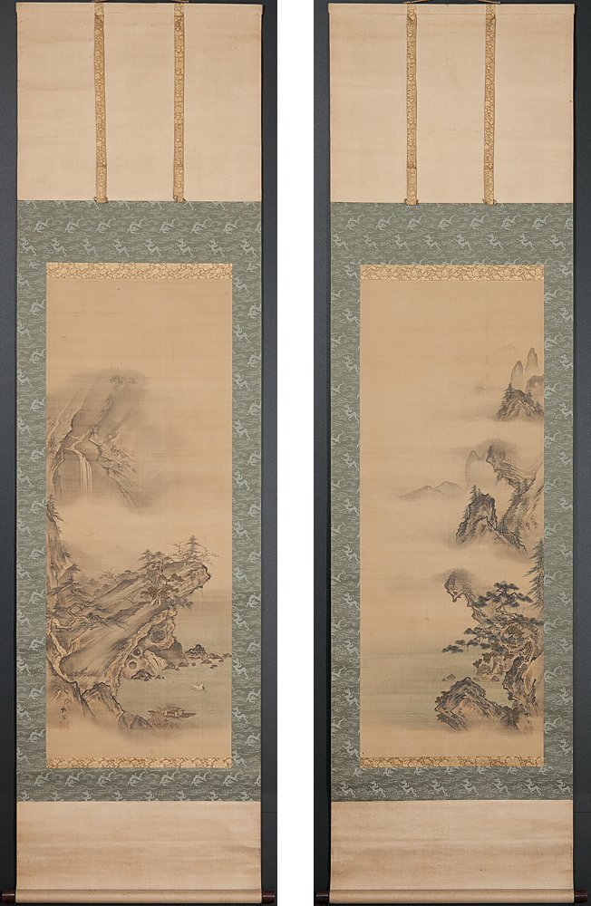 複製】明 唐寅『歩渓図』絹本掛軸 茶室掛 共箱 故宮博物院監製 山水図
