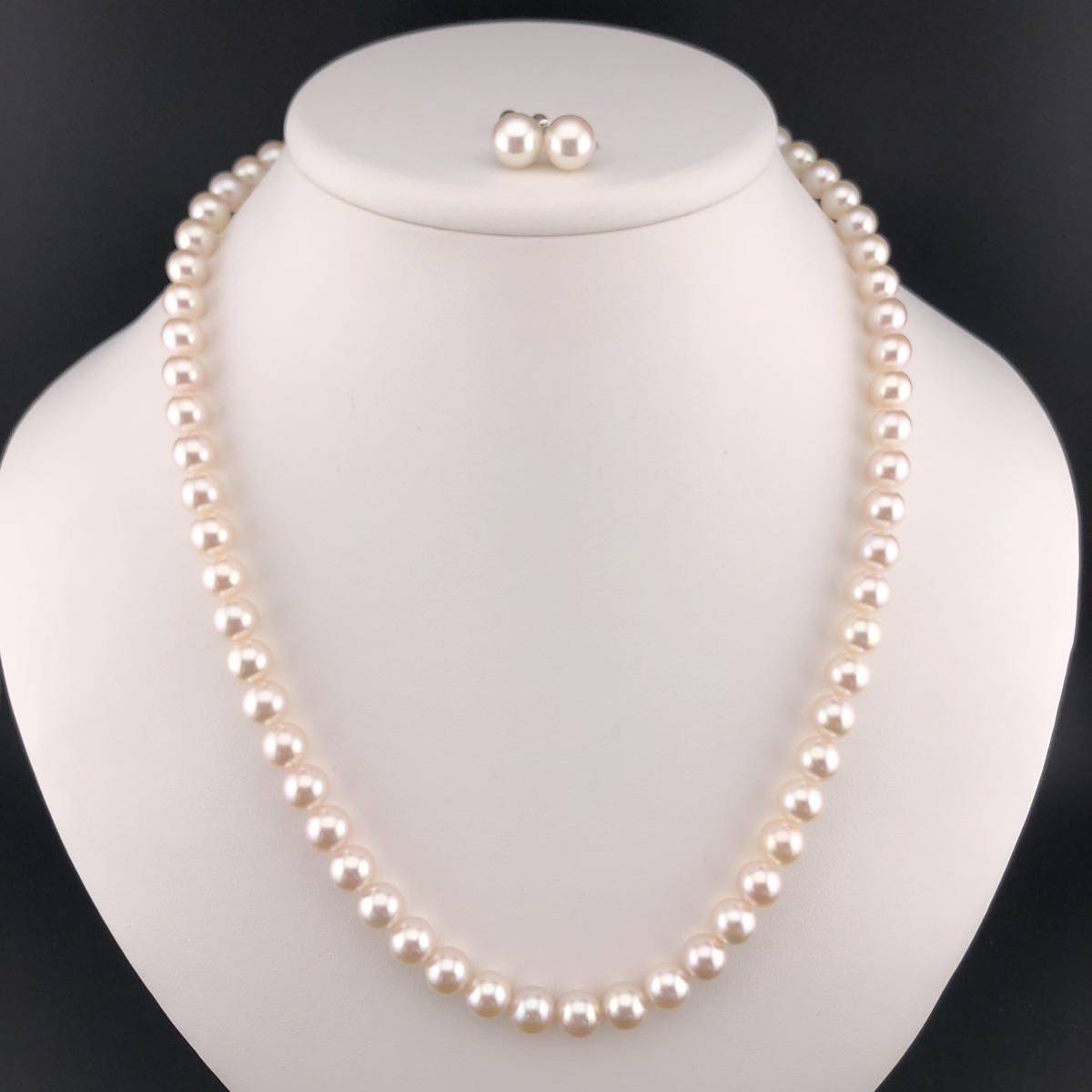 P11-0047 2点SET☆アコヤパールネックレス&イヤリング 7.5mm~8.0.mm 52cm 45g 8.5mm 2.4g K14WG ( アコヤ真珠 Pearl SILVER )