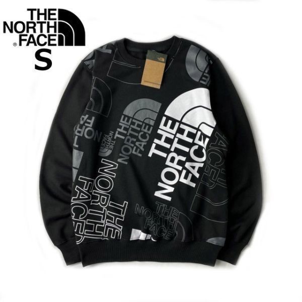 1円～!売切!【正規新品】THE NORTH FACE GRAPHIC INJECTION CREW スウェット トレーナー US限定 裏起毛 男女兼用 登山(S)黒 総柄 181130-28