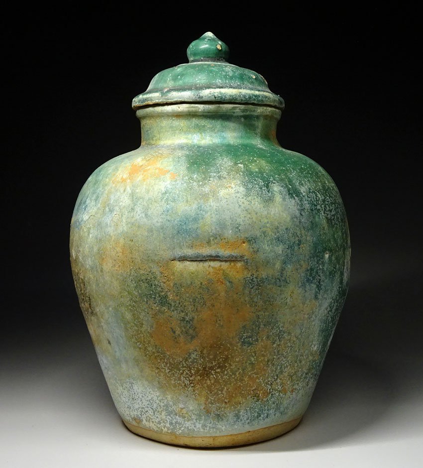 【本物保証❗️】中国古美術　中国古陶磁器　古玩　古代陶磁器　漢時代　漢緑釉銀化壺 緑屋f□ 中国古玩 漢 緑釉 銀化 蓋付壷 唐物 時代物 i9/11-6453/24-4