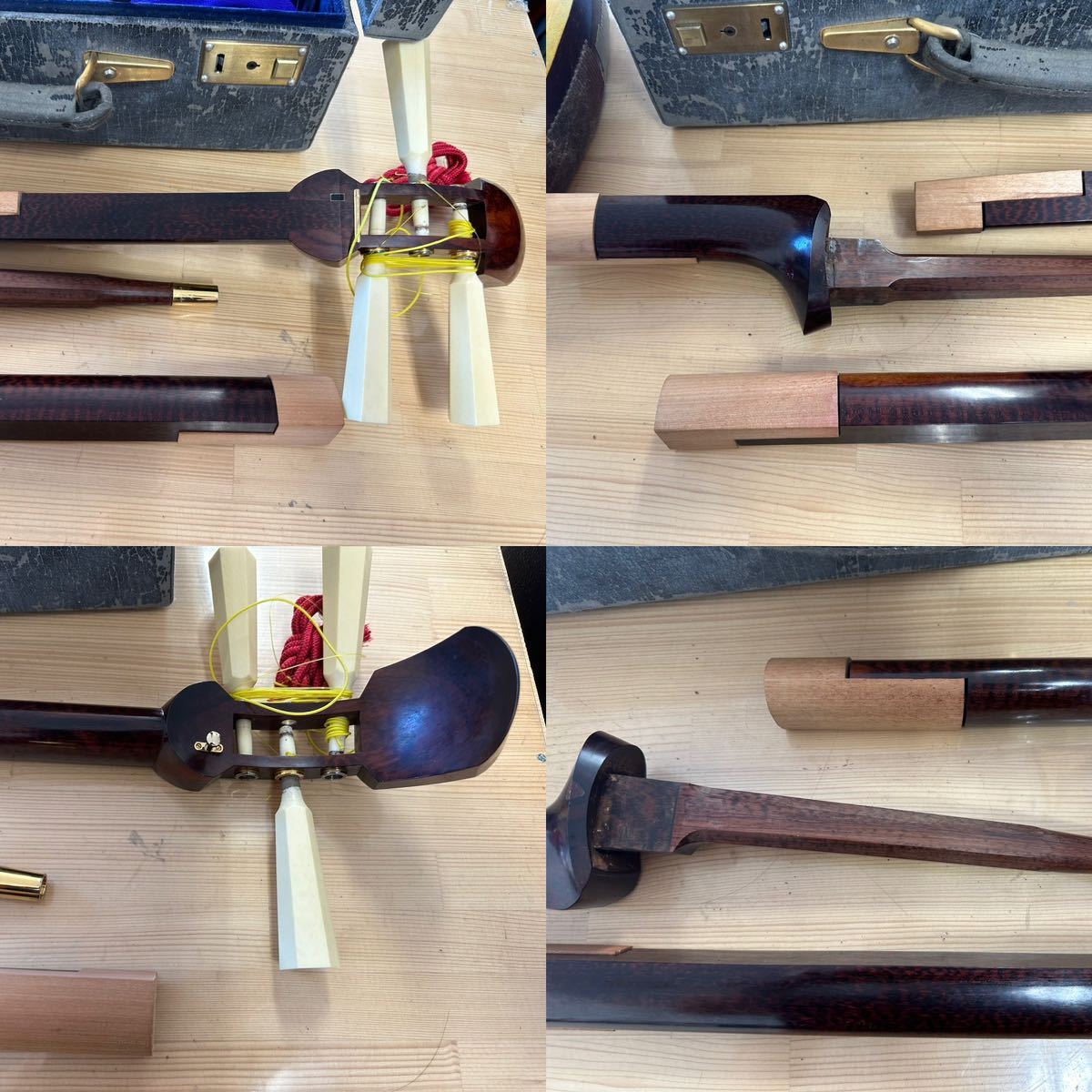 三味線 中棹 紅木(トチあり) 子持ち綾杉胴 二枚溝金細 ハード