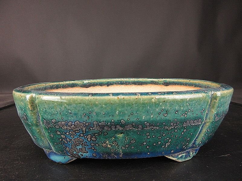 【盆栽 樂屋】◆相羽鴻陽 織部結晶釉中帯隅入楕円鉢 A29 (人気釉薬作家)(未使用品)◆12/4