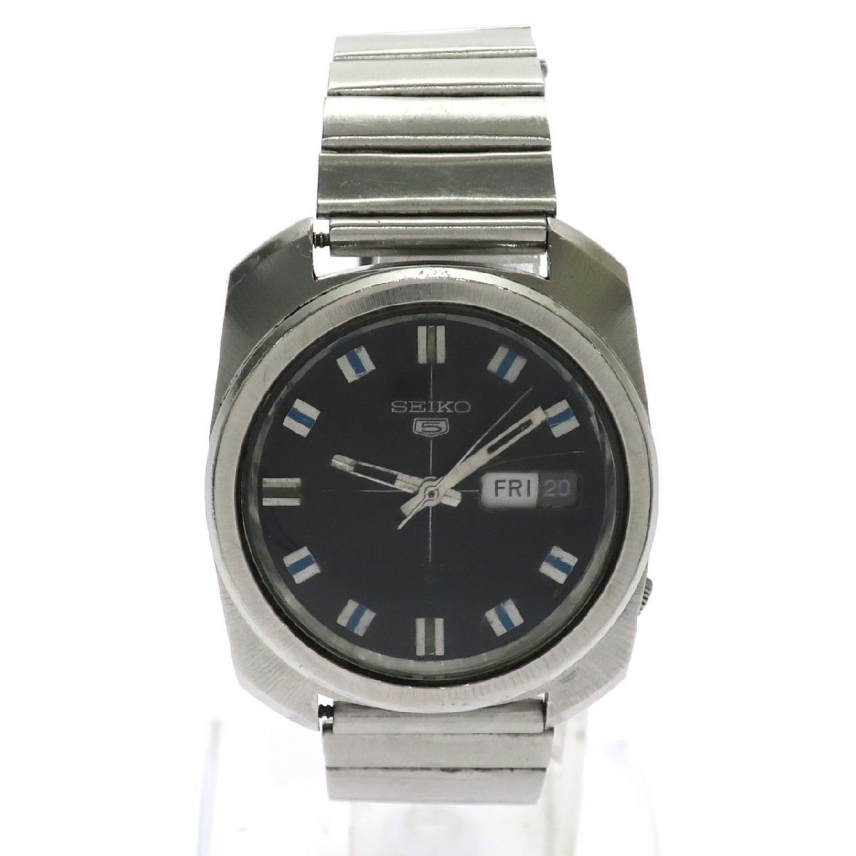 1円スタート 稼働品 SEIKO セイコー SEIKO 5 セイコーファイブ 6119-8220 デイデイト 自動巻き ラウンド 21石 シルバー 黒文字盤 メンズ