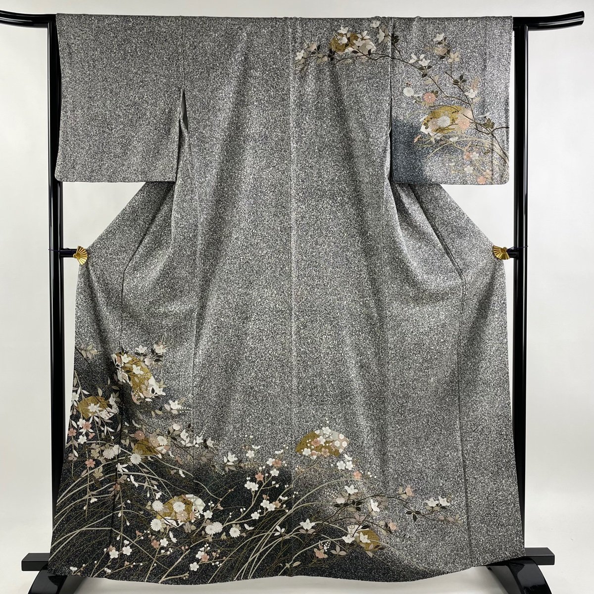 訪問着 身丈161cm 裄丈65cm M 袷 扇面 菊 金彩 ぼかし 黒灰 正絹 美品 秀品 【中古】